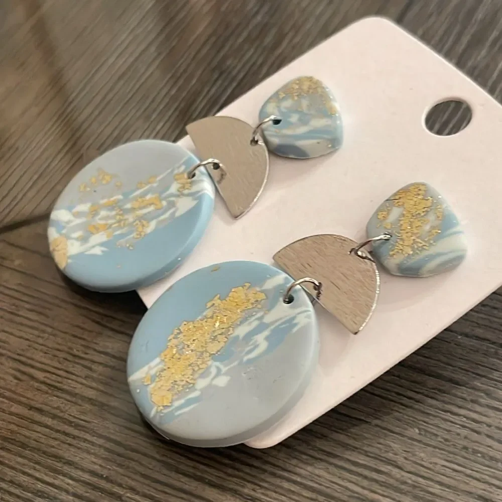 Soft Pottery Material Blue Marbled With Gold Foil Accent Geometric Drop Earrings